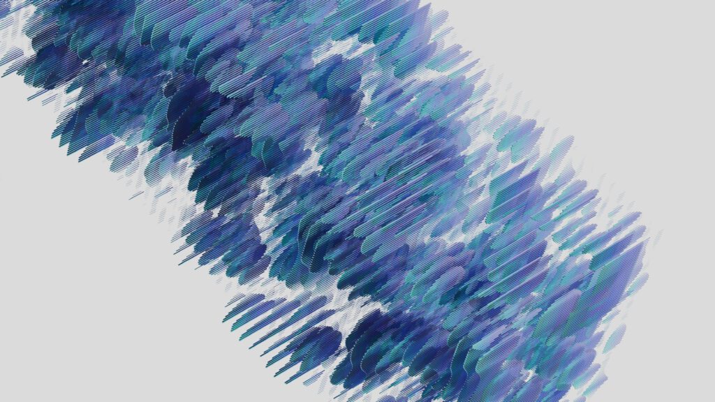 Dynamic abstract art with blue and purple brush strokes on a light background.